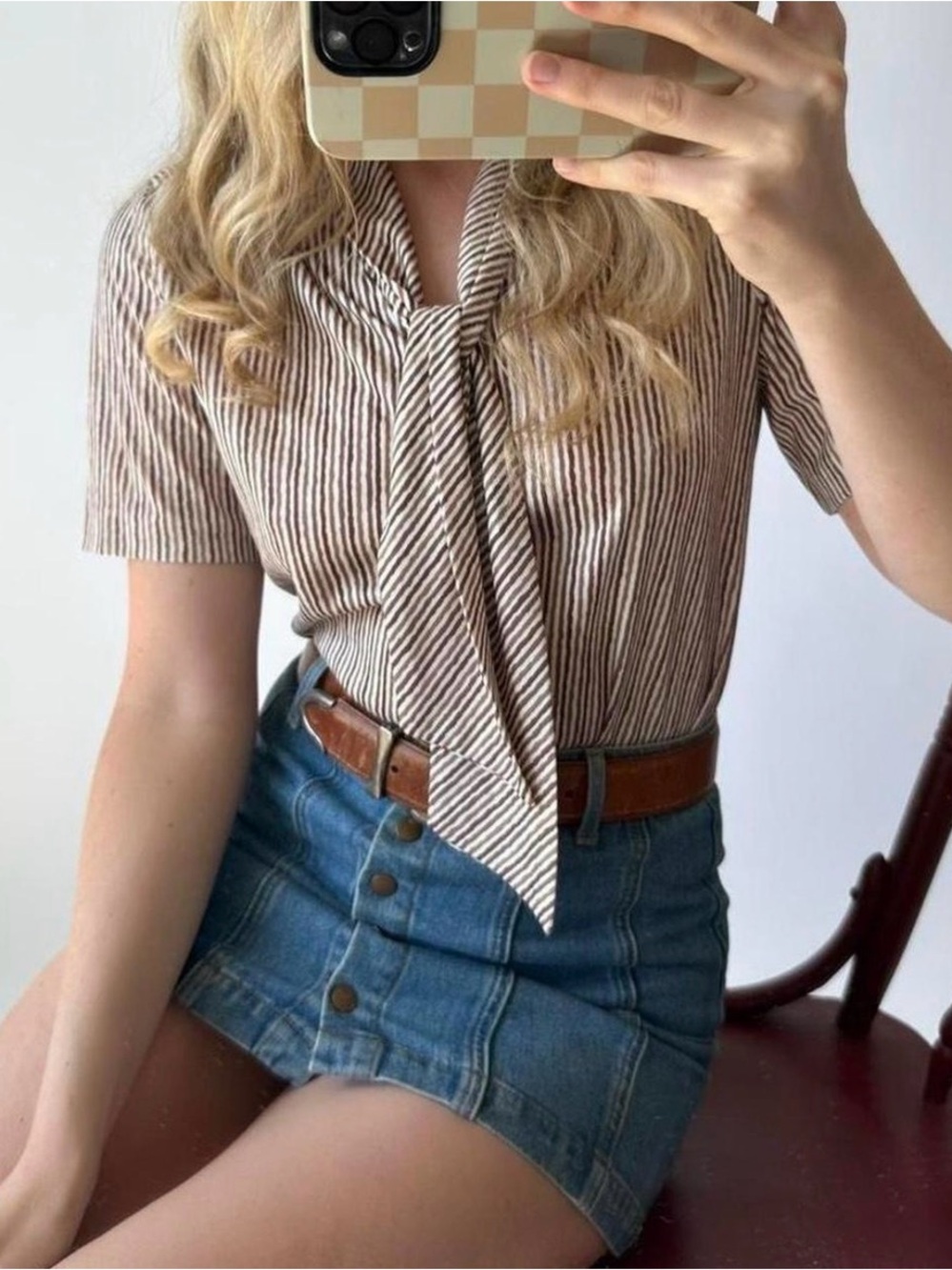 Retro Brown and white striped vintage short sleeve tie scarf blouse